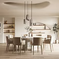 Modern Dining Room Interior Featuring Beige Chairs Marble Tabletop Pendant Lights Open Shelves And Plant