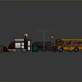 Yellow School Bus In School Scene With Building Street Lamp Trash Bin And Basketball Hoop