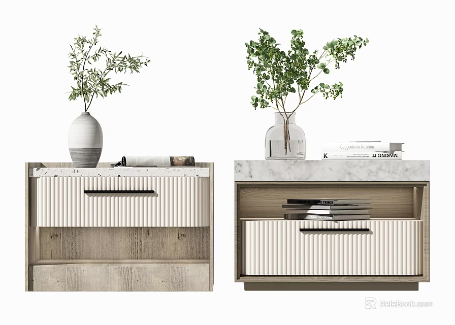 Modern Minimalist Bedside Tables With Wooden And Marble Tops Green Plants And Books 3d model 