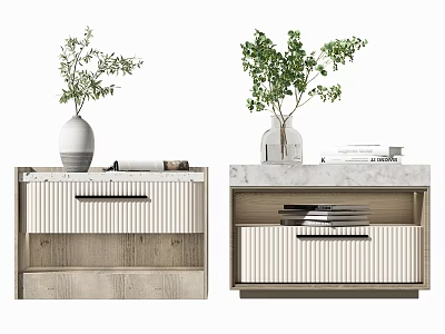 Modern Minimalist Bedside Tables With Wooden And Marble Tops Green Plants And Books 3d model