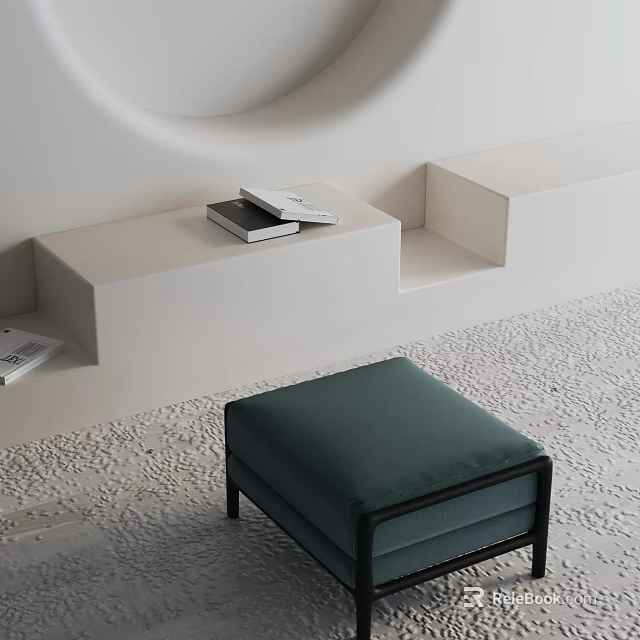 Modern Minimalist White Side Table With Books On Top And Green Upholstered Stool 3d model 