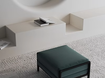 Modern Minimalist White Side Table With Books On Top And Green Upholstered Stool 3d model