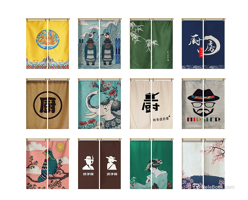 Kitchen Curtains with Various Traditional Oriental Patterns for Home Decoration 3d model