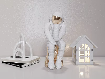 Decorative Ornament Set With White Astronaut Figurine Gold Base House Lamp And Geometric Sculpture 3d model