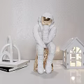 Decorative Ornament Set With White Astronaut Figurine Gold Base House Lamp And Geometric Sculpture