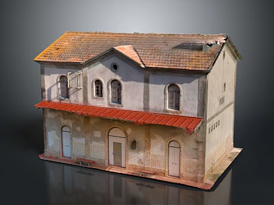Vintage Two Story Building Model With Red Roof Arched Windows And White Walls 3d model