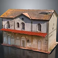Vintage Two Story Building Model With Red Roof Arched Windows And White Walls