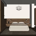 Modern Bedroom Interior With Wooden Headboard Nightstands Pendant Light And Area Rug