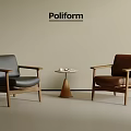 Black and Brown Leather Leisure Chairs with Wooden Frames Poliform Logo and Small Side Table