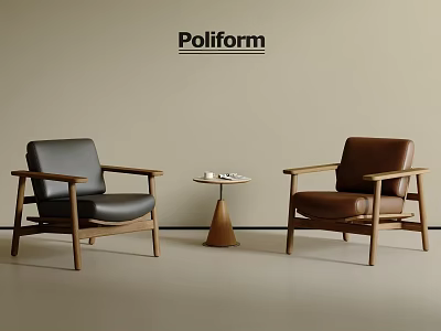 Black and Brown Leather Leisure Chairs with Wooden Frames Poliform Logo and Small Side Table 3d model