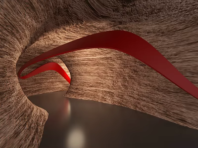 Art Installation With Wooden Texture Wavy Structure Red Curved Elements Flowing Curves On Reflective Floor 3d model