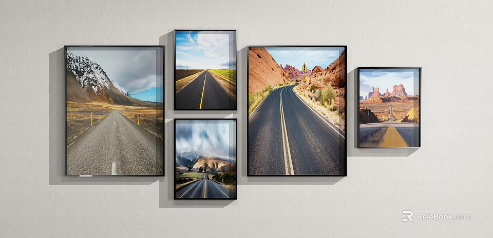 Multiple Landscape Paintings With Road Scenes Mountain Desert And Wall Art 3d model 