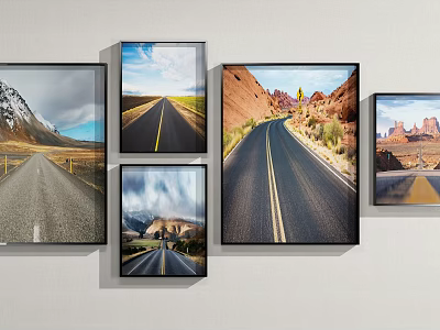 Multiple Landscape Paintings With Road Scenes Mountain Desert And Wall Art 3d model