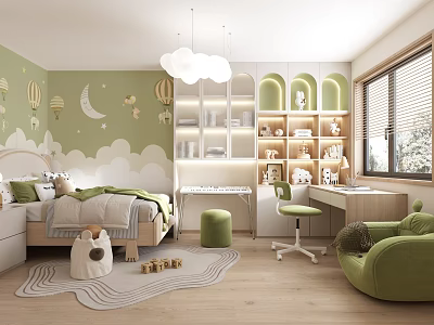 Kids Room With Green Walls Hot Air Balloon Moon Star Decor Cloud Headboard And Furniture 3d model