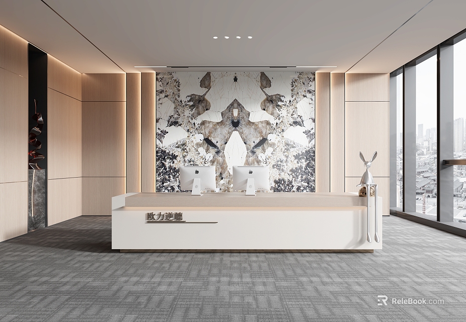 Modern Front Desk With White Counter Chairs And Marble Wall In Office Interior 3d model 