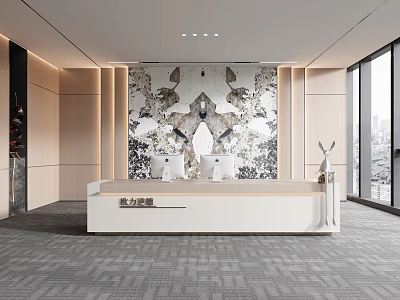 Modern Front Desk With White Counter Chairs And Marble Wall In Office Interior 3d model