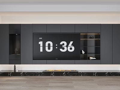 Modern TV Wall Design With Dark Cabinets Open Shelves And Marble Base 3d model