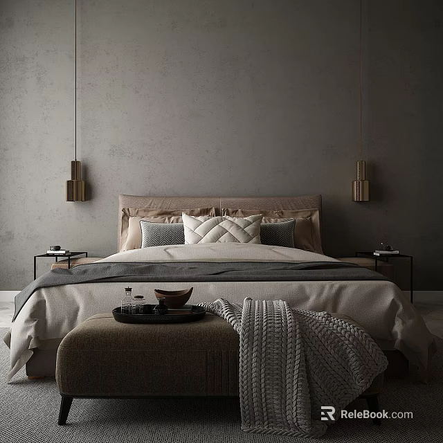 Modern Bedroom Interior With Double Bed Multiple Pillows Pendant Lights And Footstool 3d model 