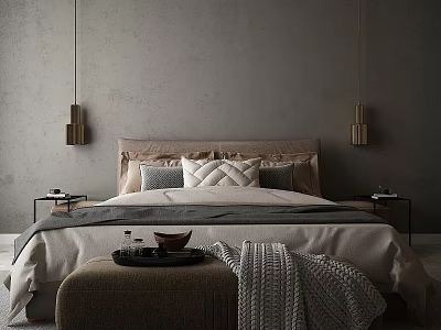 Modern Bedroom Interior With Double Bed Multiple Pillows Pendant Lights And Footstool 3d model