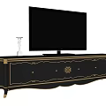 Classic Black TV Stand with Gold Accents Drawers Cabinets and TV on Top