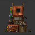 Cartoon Whimsical Beer Tavern Scene With Red Roof Wooden Structure Beer Signboard Stairs And Barrels