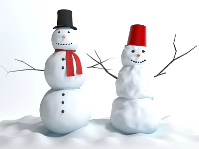 Winter Garden Landscape Featuring Two Snowmen With Hats Scarf And Twig Arms On Snowy Ground 3d model