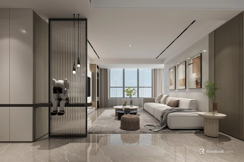 Modern Living Dining Room Interior With Sofa Coffee Table And Floor To Ceiling Windows 3d model