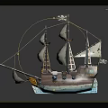 Pirate Ship With White Sails And Skull Jolly Roger Flags