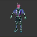 Futuristic Cyberpunk Character With Pink Helmet Green Horns Purple Jacket Black Pants And Blue Accents
