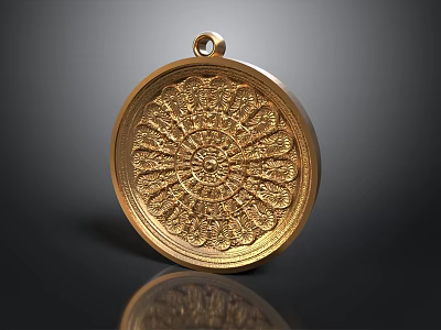 Golden Circular Pendant With Intricate Floral Patterns As Stylish Clothing Accessory 3d model