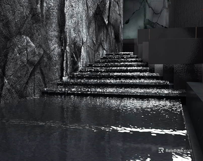 Elegant Garden Water Feature With Stone Steps And Illuminated Stone Wall 3d model 