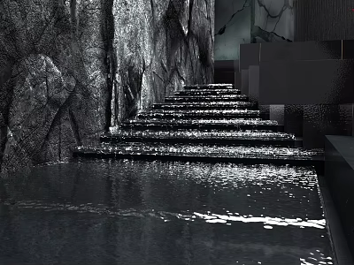 Elegant Garden Water Feature With Stone Steps And Illuminated Stone Wall 3d model