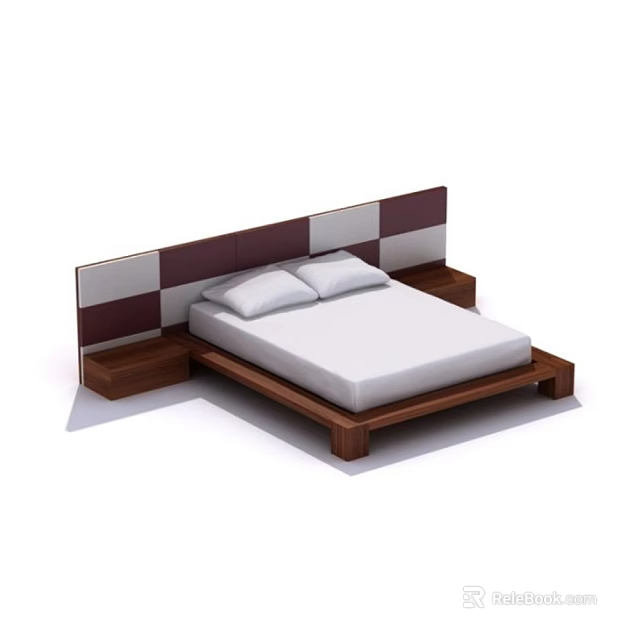 Modern Double Bed With Brown White Paneled Headboard Wooden Frame Bedside Tables White Mattress Pillows 3d model 