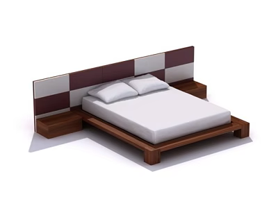 Modern Double Bed With Brown White Paneled Headboard Wooden Frame Bedside Tables White Mattress Pillows 3d model