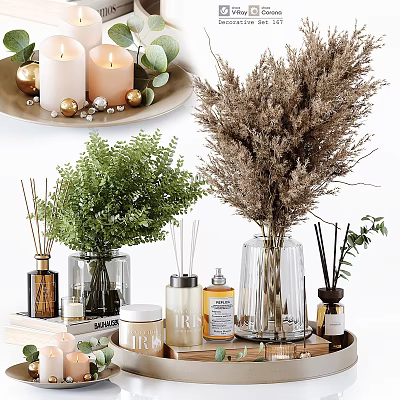 Elegant Decorative Ornament Set With Candles Dried Flowers Green Plants And Glass Vases 3d model