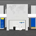 Modern Reception Desk in Lobby with World Map Wall Glass Curtain and Blue Decorations