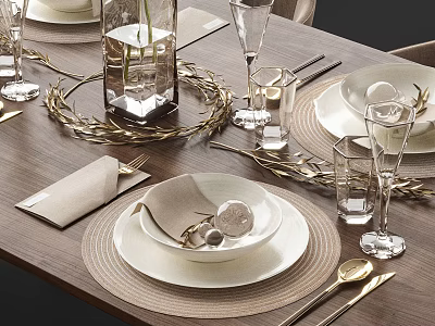 Elegant Dinnerware Set With White Plates Beige Napkins Gold Accents And Glassware For Table Setting 3d model