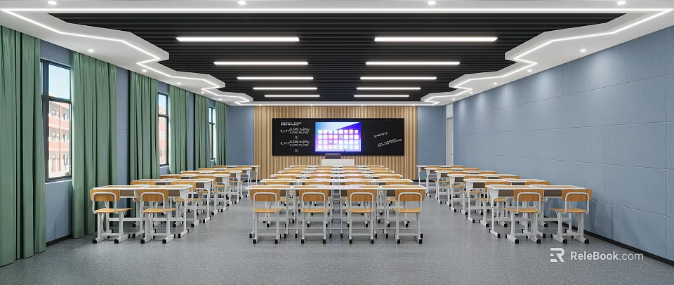 School Modern Classroom With Wooden Desks Chairs Smart Blackboard Green Curtains And Ceiling Lights 3d model 