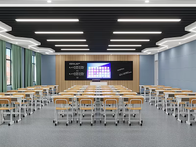 School Modern Classroom With Wooden Desks Chairs Smart Blackboard Green Curtains And Ceiling Lights 3d model