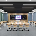 School Modern Classroom With Wooden Desks Chairs Smart Blackboard Green Curtains And Ceiling Lights