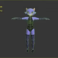 Anthropomorphic Purple Cat Character In Black Bodysuit With Open Arms Standing Pose