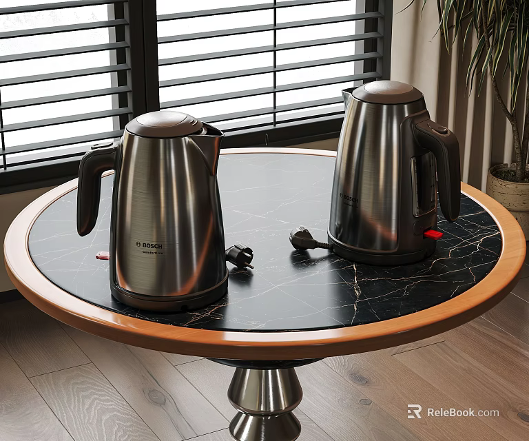 Stainless Steel Electric Kettles On Round Black Marble Table Indoor Setting 3d model 