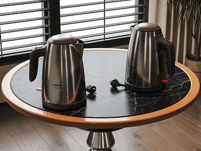 Stainless Steel Electric Kettles On Round Black Marble Table Indoor Setting 3d model