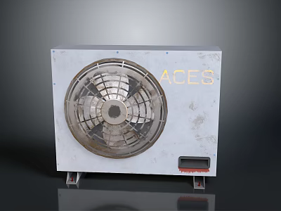 Retro style industrial fan air conditioner vintage fan industrial equipment fan blade metal base concrete environment rusty yellow handle 3d model