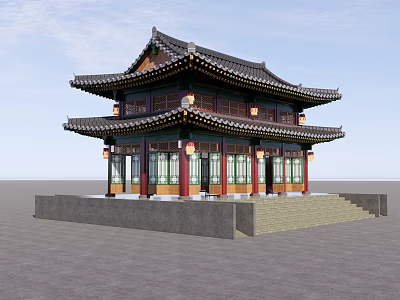 Ancient Chinese Architecture With Double Layered Roof Red Columns Green Windows And Stone Base Lanterns 3d model