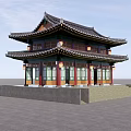 Ancient Chinese Architecture With Double Layered Roof Red Columns Green Windows And Stone Base Lanterns