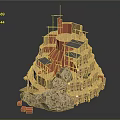 Detailed Miniature Mountain Building Model With Yellow Red Structure Rock Base And Multi Level Design