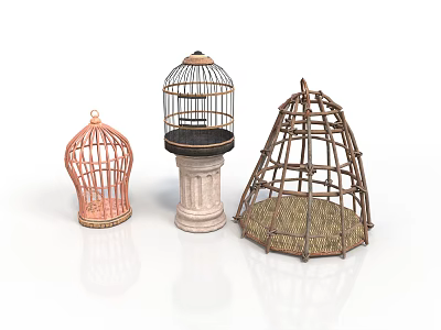 Decorative Bird Cages In Various Styles Including Pink Wooden And Straw Designs 3d model