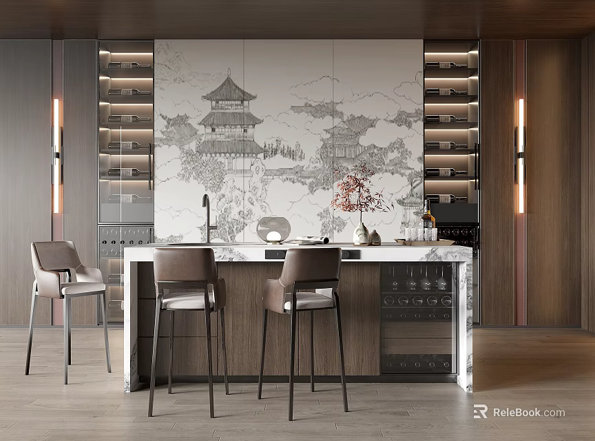 Modern Bar Area With Marble Countertop High Stools And Chinese Mural 3d model 