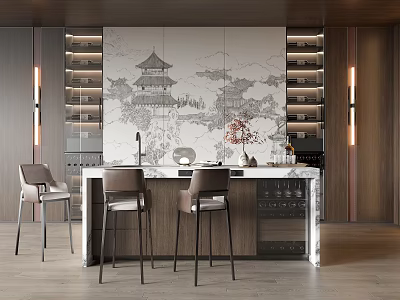 Modern Bar Area With Marble Countertop High Stools And Chinese Mural 3d model